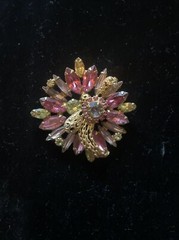 Vintage Pink Yellow Lavender Rhinestone Gold Tone Filigree Accents Brooch Unique