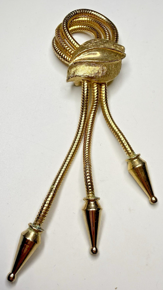 Francois Vintage Gold Tone Triple Coil Leaf Dangle Brooch Pin 4 3/4″ Signed