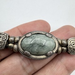 ICONOS MAYAS Silver Plated Green Cabochon Stone Leather Necklace 15″