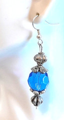 Stunning Silver Tone Faceted Crystal Glass Blue Bead Vintage Dangle Earrings