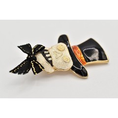 Vintage Halloween Skull Pin Brooch Skeleton Top Hat Glitter Enamel Chunky BinBA