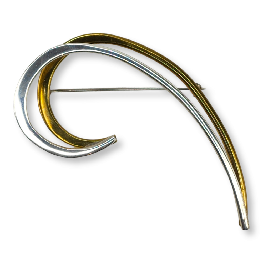 Taxco Brooch Sterling Silver 925 Brass Silver Gold Vintage Mexico Swoop Pin