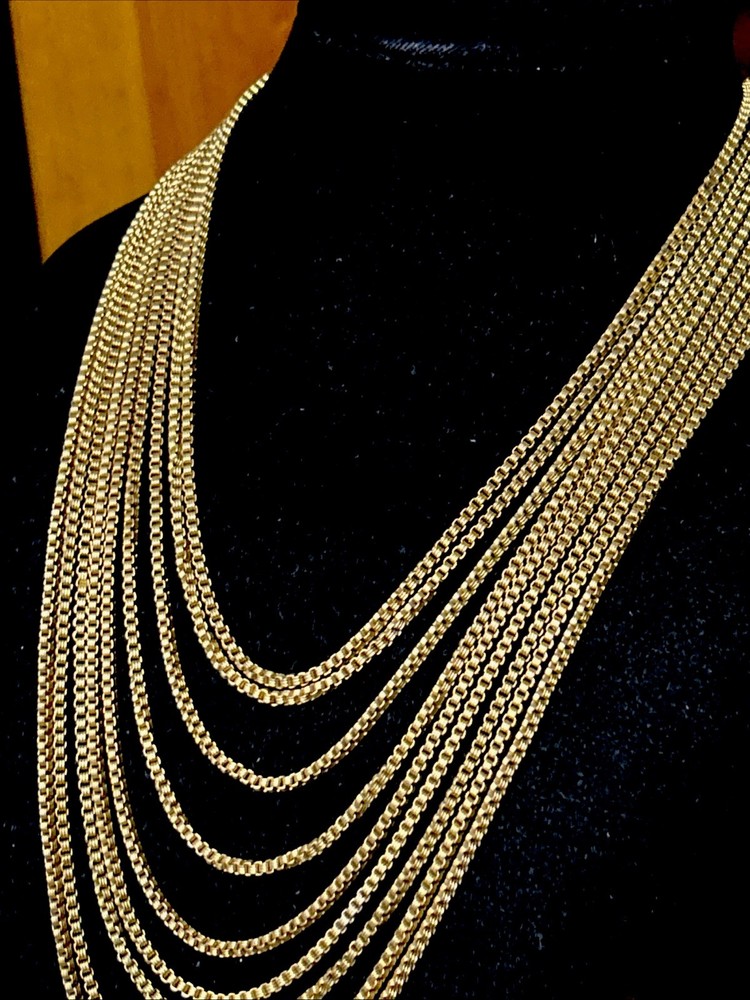 ANTIQUE NOUVEAU GOLD TONE 9 MULTI-STRAND LAYERED NECKLACE TINY BOOK LINKS 88g