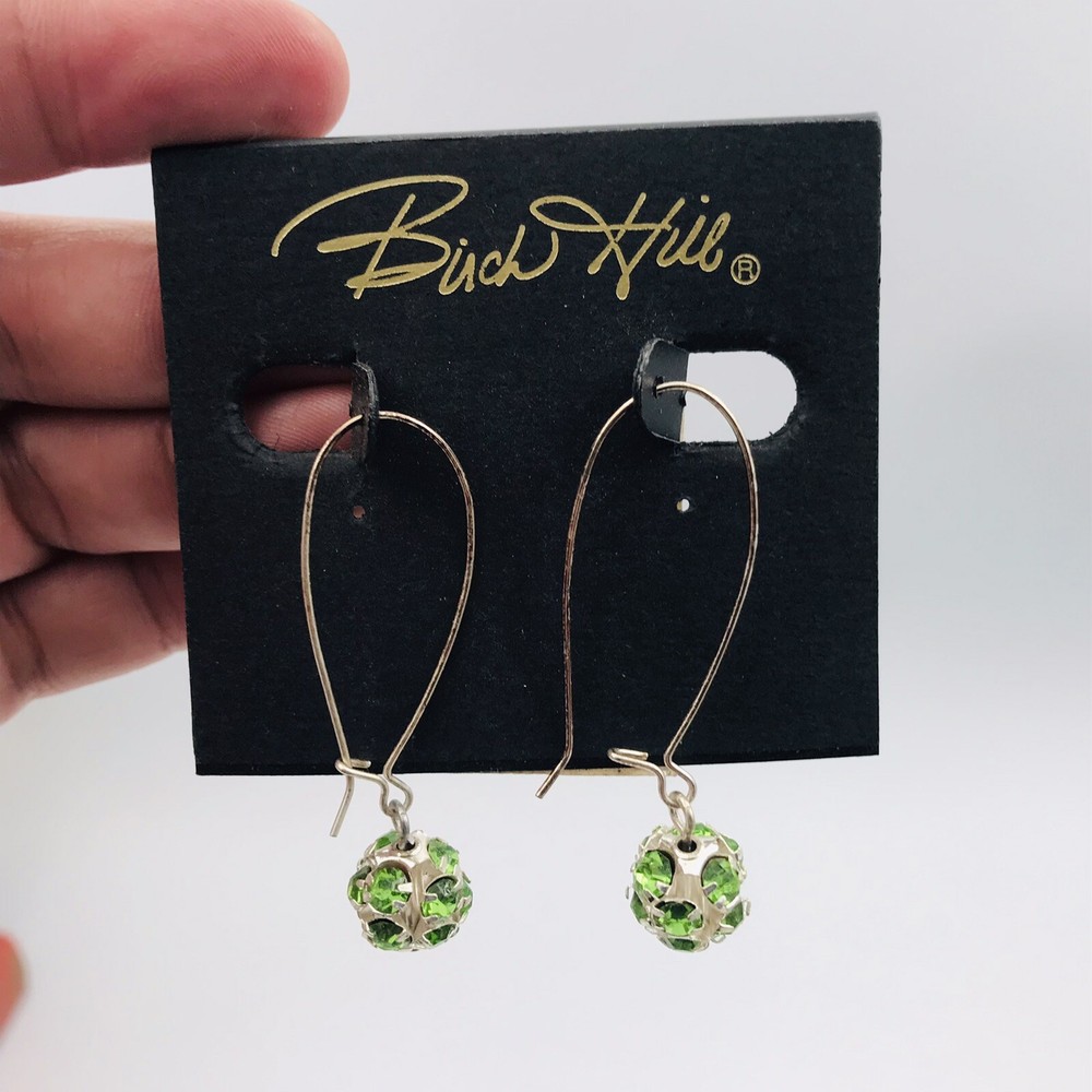 Birch Hill Silver Tone Green Rhinestone Dangle Earrings 2″ Long