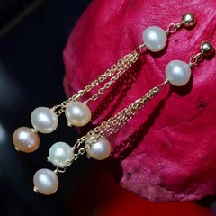 14k yellow gold earrings 5.2-5.8mm cultured pearl 3-strand 1.80″ dangle 2.32gr