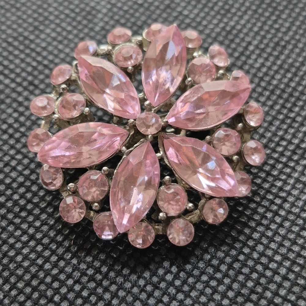 Vintage Floral Brooch Pin Silver Tone Metal Pink Rhinestone Starburst 1/2 Inches
