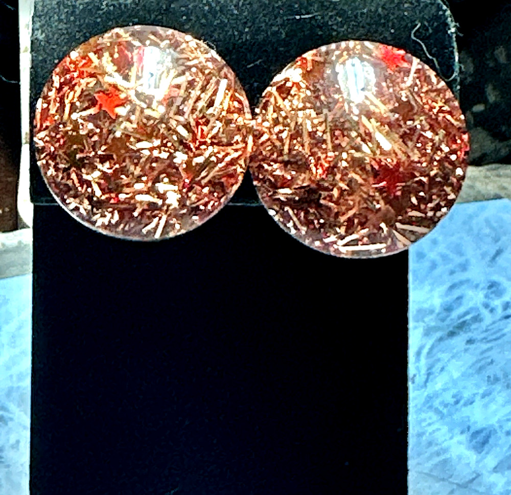 Vintage Round Lucite Orange Confetti Button Silver Toned Clip On Earrings