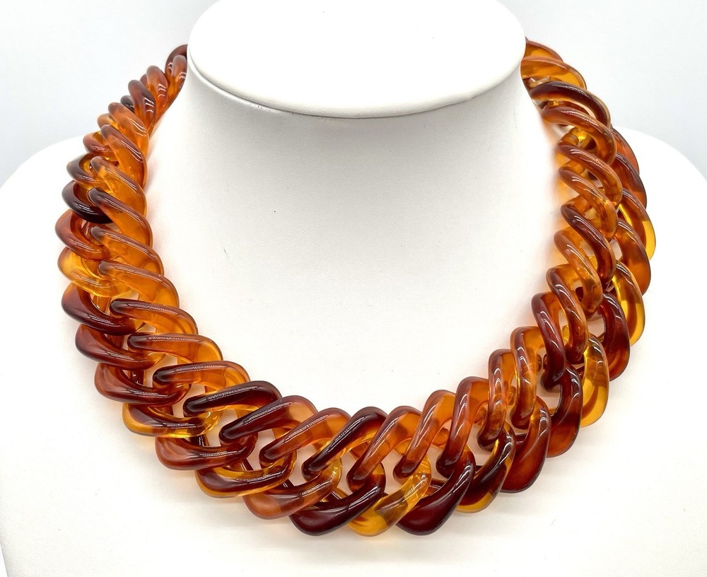 Vtg Butterscotch & Carmel ChunkyLucite Chain Link Choker Necklace Made in Taiwan
