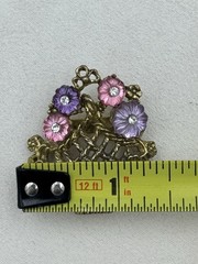 Vintage Victorian Revival Flower Basket Brooch Gold Tone Molded Glass Rhinestone