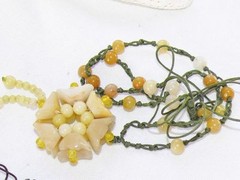 Vintage Yellow Jade Beaded Flower Pendant Necklace Tassel Green Silk Rope Pretty