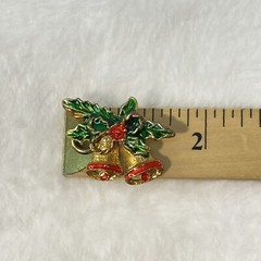 Vintage Christmas Pin Brooch Gold Tone Green Red Enamel Holly Bells Bow