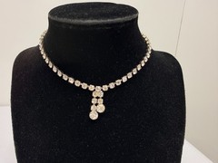 Vintage Rhinestone Choker Necklace Mid Century Sparkling Gemstones 12in Tassel