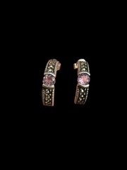 925 Silver Marcasite Amethyst Half Hoop Stud Earrings Vintage
