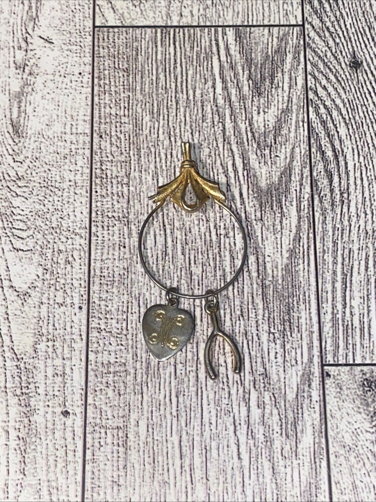 Vtg Gold Tone Eyeglass Holder Spectacle Loop Pendant +2 Charms Wishbone Heart