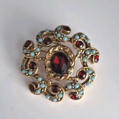 Vintage Goldette Brooch Pin Gold Alloy Turquoise & Garnet Faux Gemstones 1960s