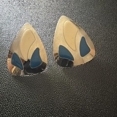 Vintage Silver Tone And Enamel Pierced Earrings Blue And Off White