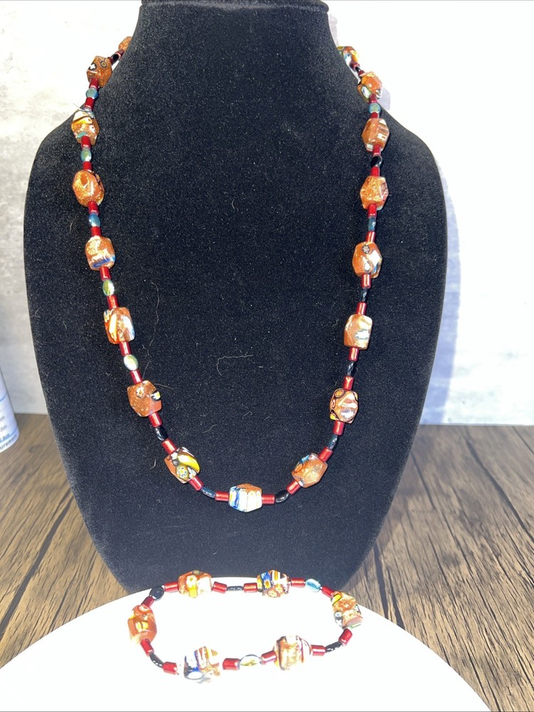 Vintage “Millifiori” Art Glass Bead Necklace 26 Inch and Bracelet 7.75 Inches