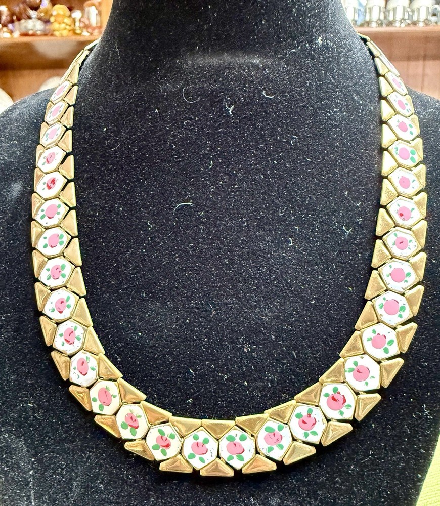 Vintage 1940s Enamel Brass Panel with Hand Painted Pink Rose Choker Necklace 15″