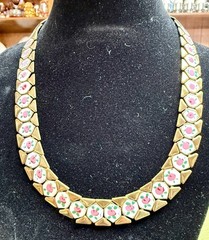 Vintage 1940s Enamel Brass Panel with Hand Painted Pink Rose Choker Necklace 15″