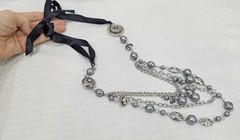 Boho Gray Pearl Bead & Silver Tone Black Satin Ribbon Multi Strand Necklace