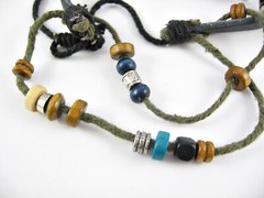 BOHO Wood Beads Silvertone Metal Round STAR Beaded THREE Strands Cording 11″