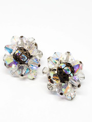 Austrain crystal brass beaded aurora borealis rhinestone clip on vintage earring