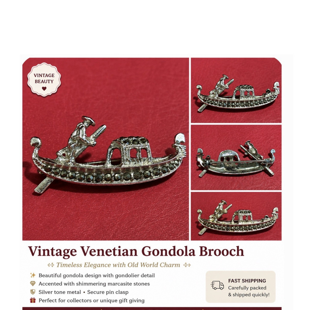 Vintage Venetian Gondola Brooch Silver Tone Marcasite Stones Secure Pin Clasp