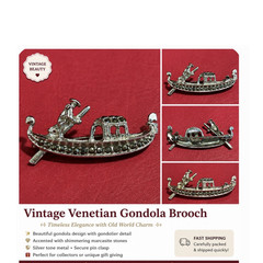 Vintage Venetian Gondola Brooch Silver Tone Marcasite Stones Secure Pin Clasp