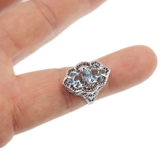 Vintage DECO 14k Solid White Gold Natural Aquamarine Fancy Cut Filigree Ring