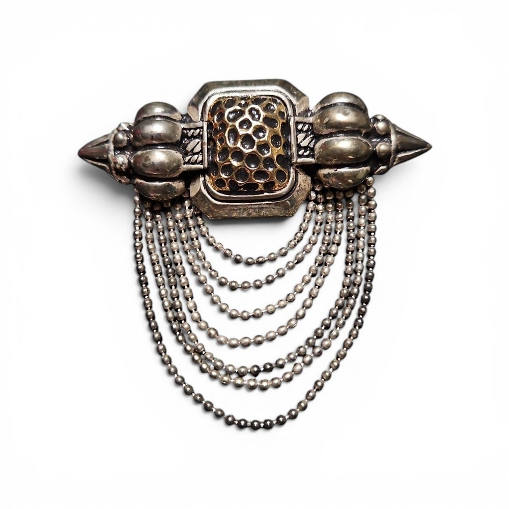 Vintage Brutalist Mixed Metal Brooch Pin Hammered Gold Silver Ball Chain Drapes