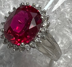 RUBY 12mm x 10mm & WHITE TOPAZ Sterling Silver 0.925 Vintage band RING size 6.75
