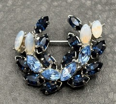 Vintage Two Tone Blue Crystal and Faux Opalite Rhinestone Wreath Brooch