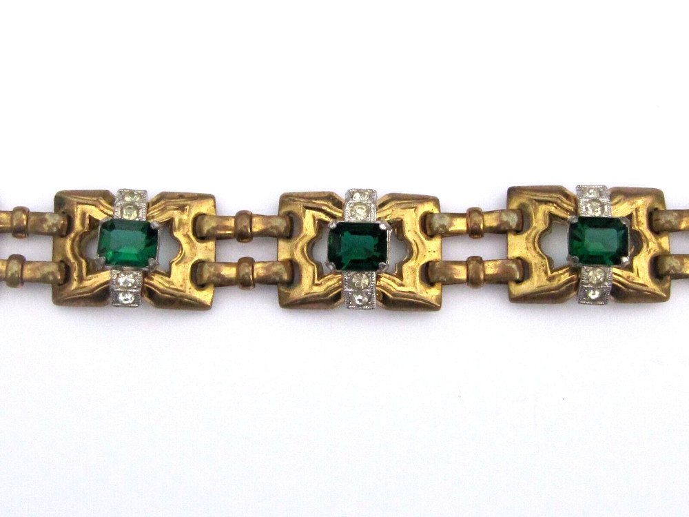Vtg Art Deco 1930’s McClelland Barclay Emerald Green & Clear Rhinestone Bracelet