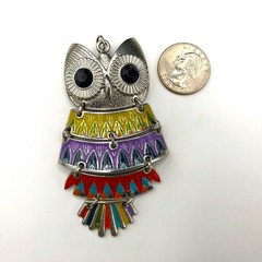 Vintage Owl Pendant Articulated Multicolor Enamel Black Crystal Eye Southwestern