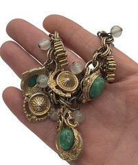 Vintage Gold Tone FOB Charm Bracelet Green Stones Shell Floral Ornate Design