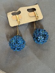 Woman’s 1960’s Earrings Clip Dangling Blue Flower Ball 2 Inch Enamel