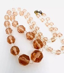 Art Deco Faceted Pink & Clear Glass Beaded Necklace 21 Inches Vintage Jewelry