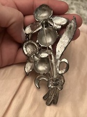 antique pin Flower Enamel Paint Rhinestone Marcasite Metal 4.25” brooch large