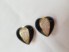 Vintage Black Enamel Heart Clip On Earrings with Pave Crystals Center Goldtone