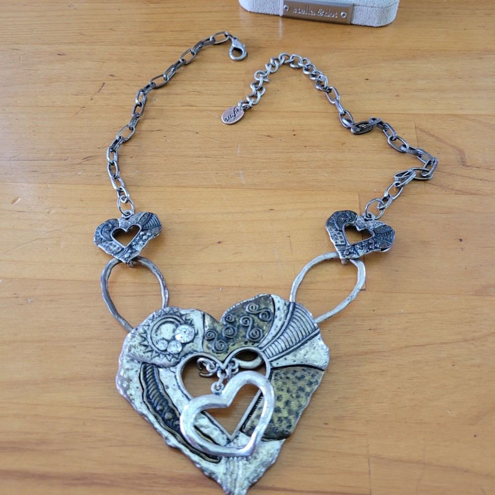 Vintage EFM Brutalist Heart Necklace Mixed Metal Chunky Bib 20in 51g