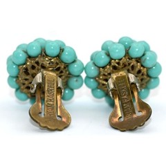 Vintage Signed Miriam Haskell Turquoise Bead Bracelet & Clip On Earrings Set