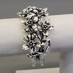 Vintage Clamper Bracelet Clip On Earrings Set White Enamel Black Washed Flowers