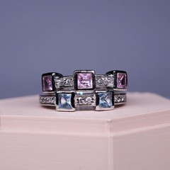 1990’s 18K White Gold-Plated Pink and Blue square stone 2 ring stack