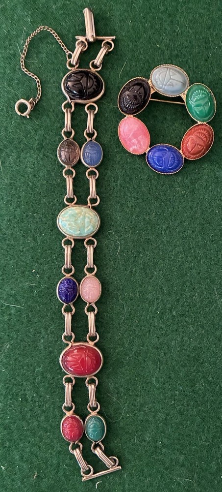 Vintage Scarab Bracelet Double Link w/ Safety Chain Clasp & Gold Tone Brooch Pin