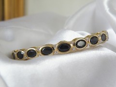Vintage Sterling Silver 925 Gold on Natural Black Spinel Hinged Bracelet 7.5″