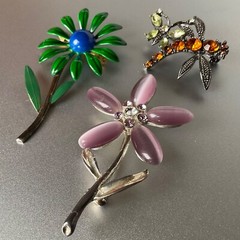 Vintage Jewelry Floral Dragonfly Butterfly Pin Lot Metal Enamel & Rhinestones