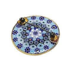 Millefiori Glass Brooch Pin Silver Venetian Murano Italy Vintage Blue 1.5 in