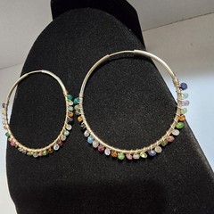Large Vintage Sterling Silver with Gemstone Wire Wrap Hoop Earrings 2.05″