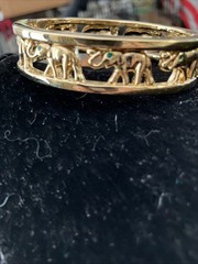 gold tone elephant hinged bracelet Trunks Up Green Eyes Unsigned