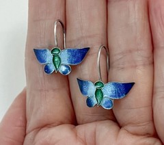 Sweet Butterfly Earrings Drop Blue Green Enamel Sterling Silver Hook Estate Vtg